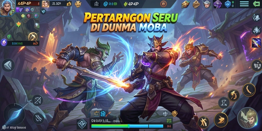 Screenshot utama 4P4P menampilkan aksi pertarungan seru dalam game MOBA.