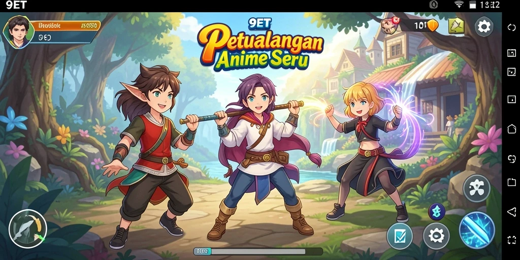 Tampilan gameplay seru dalam 9ET dengan karakter Anime menarik.