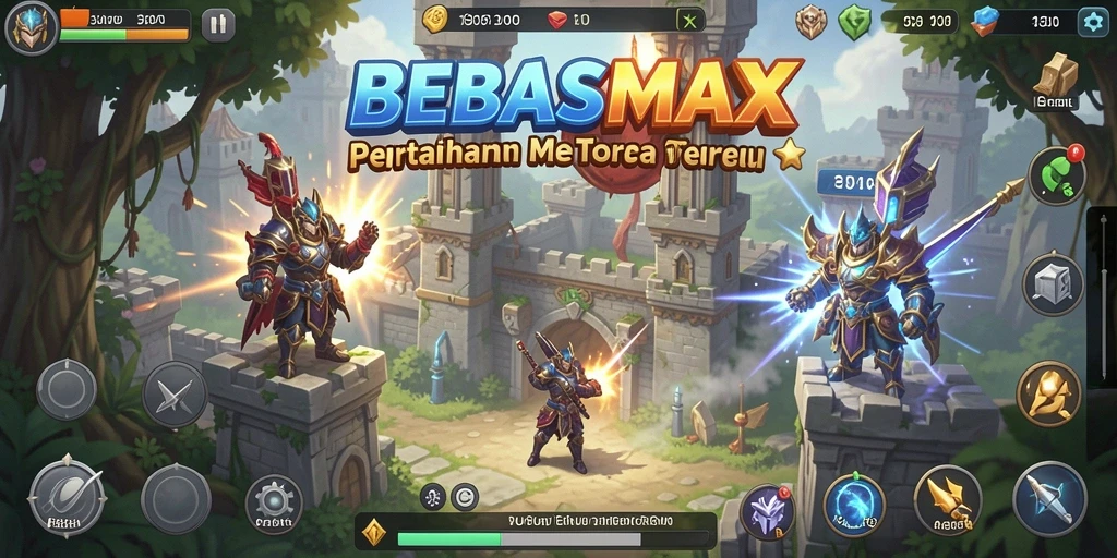 Screenshot utama BEBASMAX menampilkan aksi pertahanan menara yang mendebarkan.