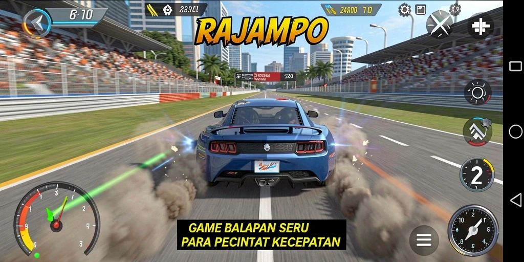 Screenshot gameplay RAJAMPO menampilkan aksi balapan mendebarkan.