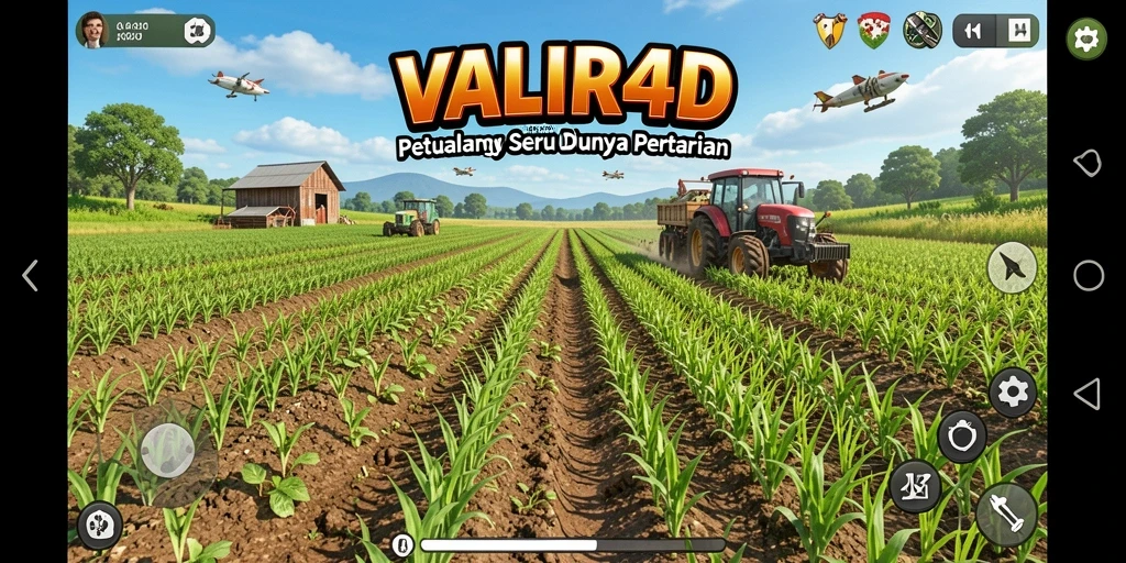 Screenshot gameplay VALIR4D menunjukkan ladang yang subur dan aktif.